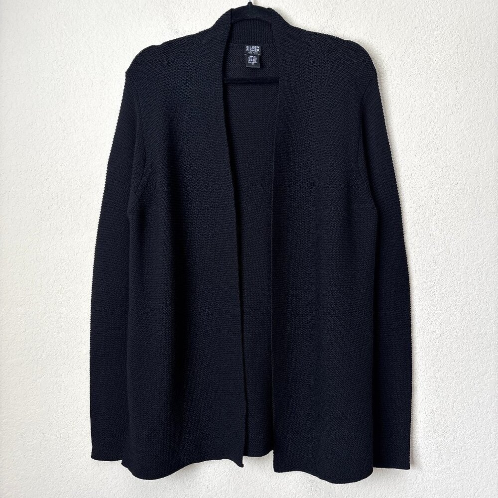 Eileen Fisher 100% Wool Open Front Longline Essential Black Cardigan
